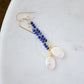 Natural blue lapis lazuli gemstone and white freshwater pearl long dangle earrings. The dangles are long and thin with oval freshwater pearls at the end. They come in 14k gold filled and sterling silver and a great gift for mom, girlfriend, anniversary, or yourself. 