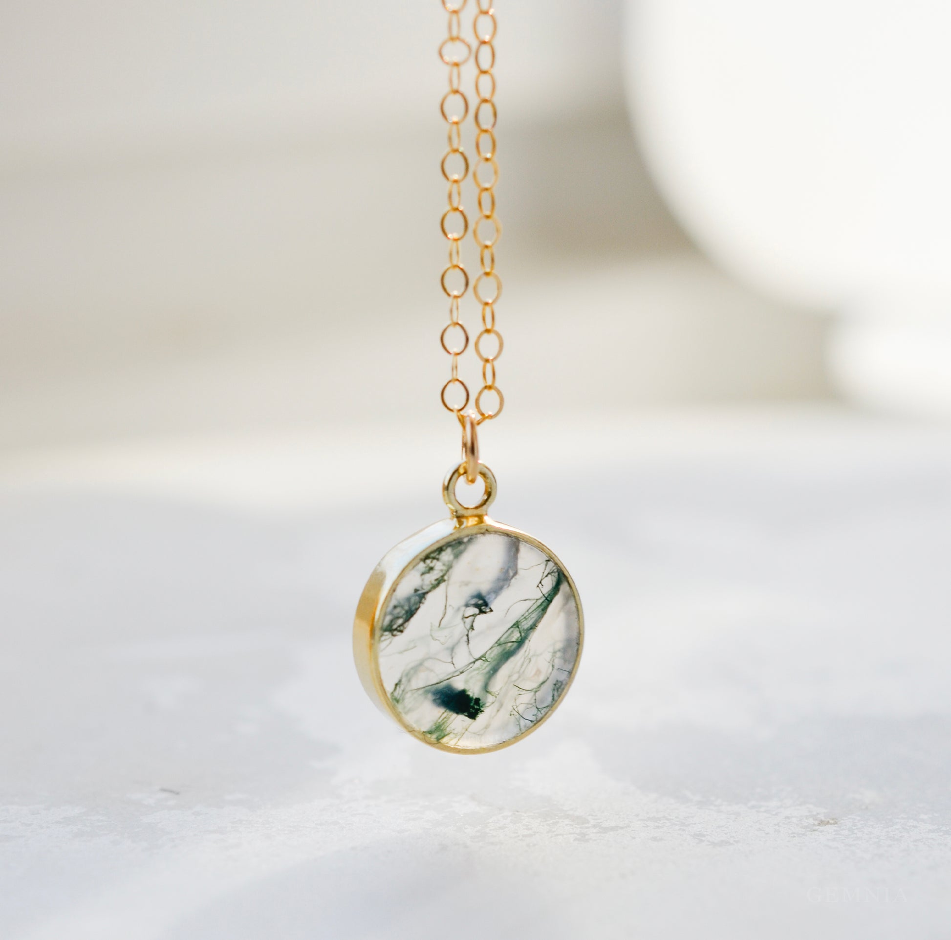 A real, natural smooth polished round Moss Agate, or Scenic Quartz, gemstone set in a gold bezel and suspended from a 14k gold filled dainty cable chain. This handmade necklace makes the perfect gift for nature lovers and gardeners.