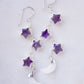 Three natural purple amethyst gemstone stars dangle atop rainbow moonstone crescent moons in these earrings. Shown in sterling silver.