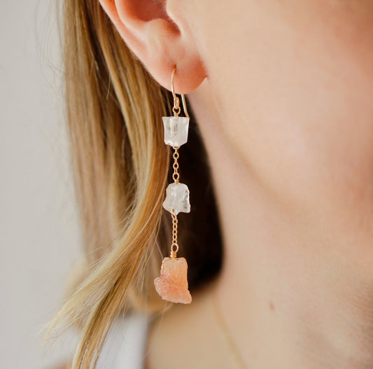 Raw crystal and sunstone earrings. Three rough crystals set on a sterling silver or gold filled chain. Modeled image.