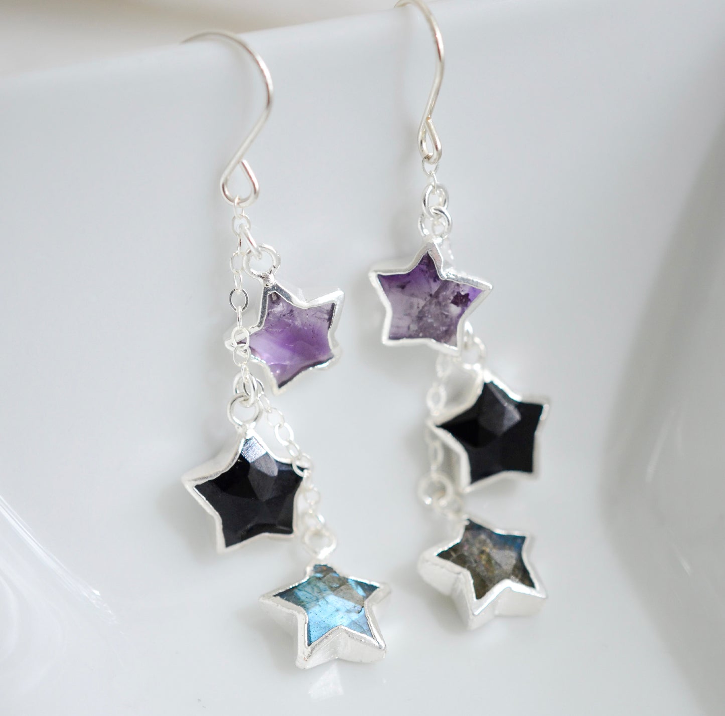 Star Gazer Earrings: Amethyst, Onyx, Labradorite