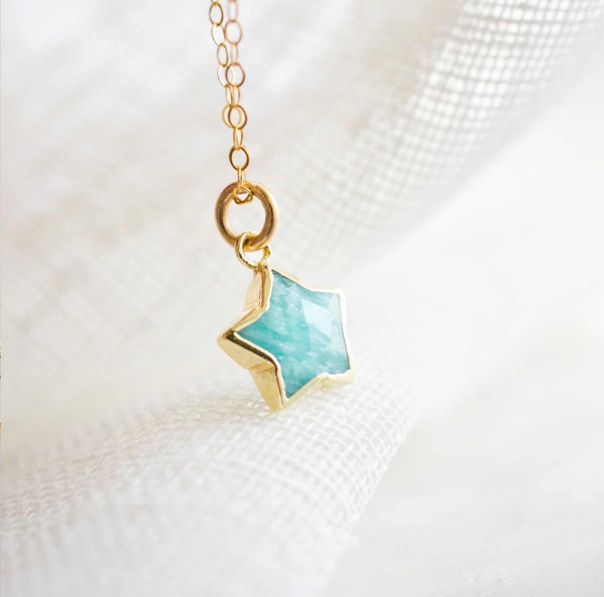 Handmade aqua amazonite celestial stone star pendant set on a 14k gold filled chain. This necklace is a great gift for stargazers, girlfriends, mom, wife, or daughter.