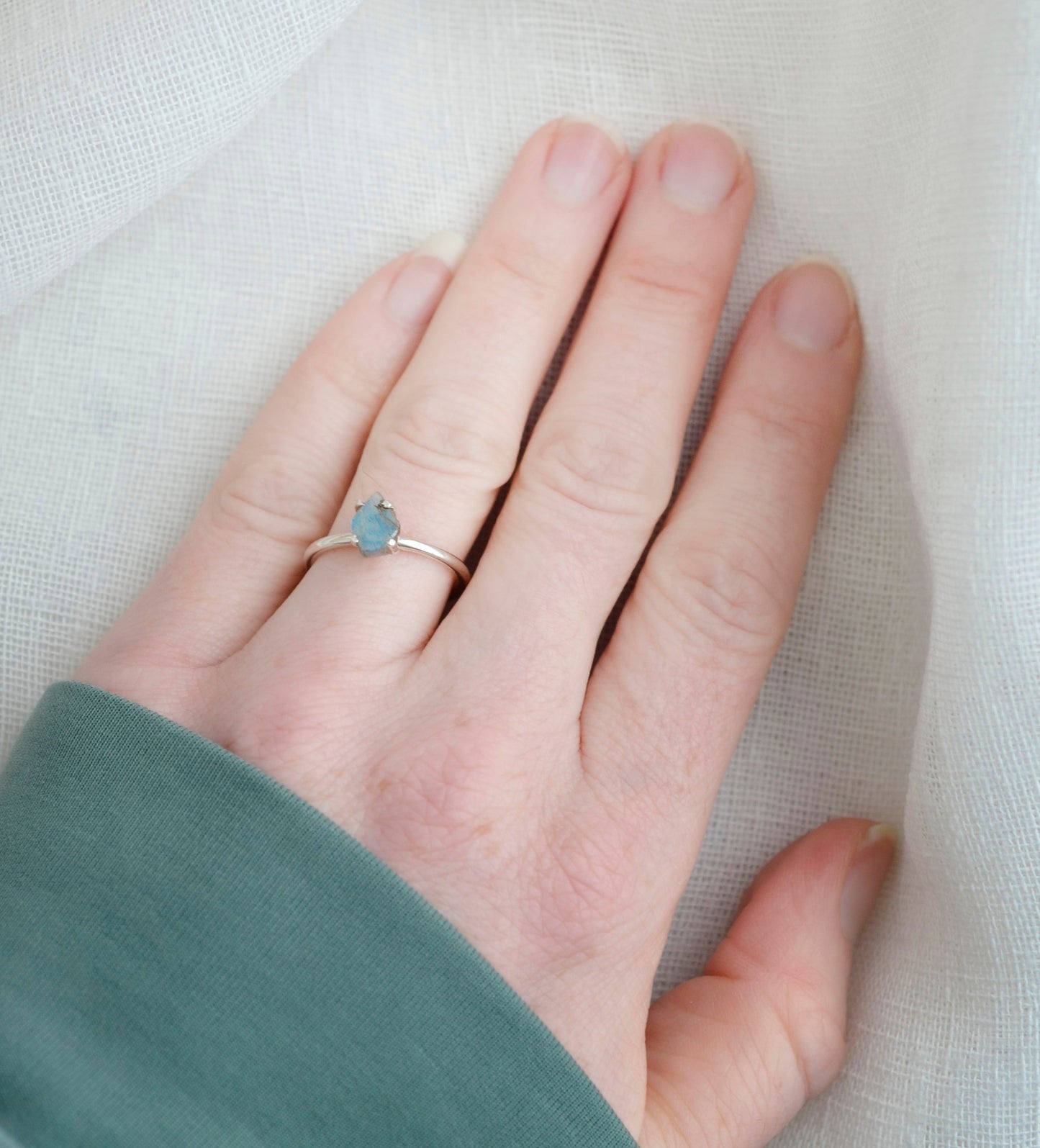 Modeled image of one labradorite raw ring in sterling silver. 