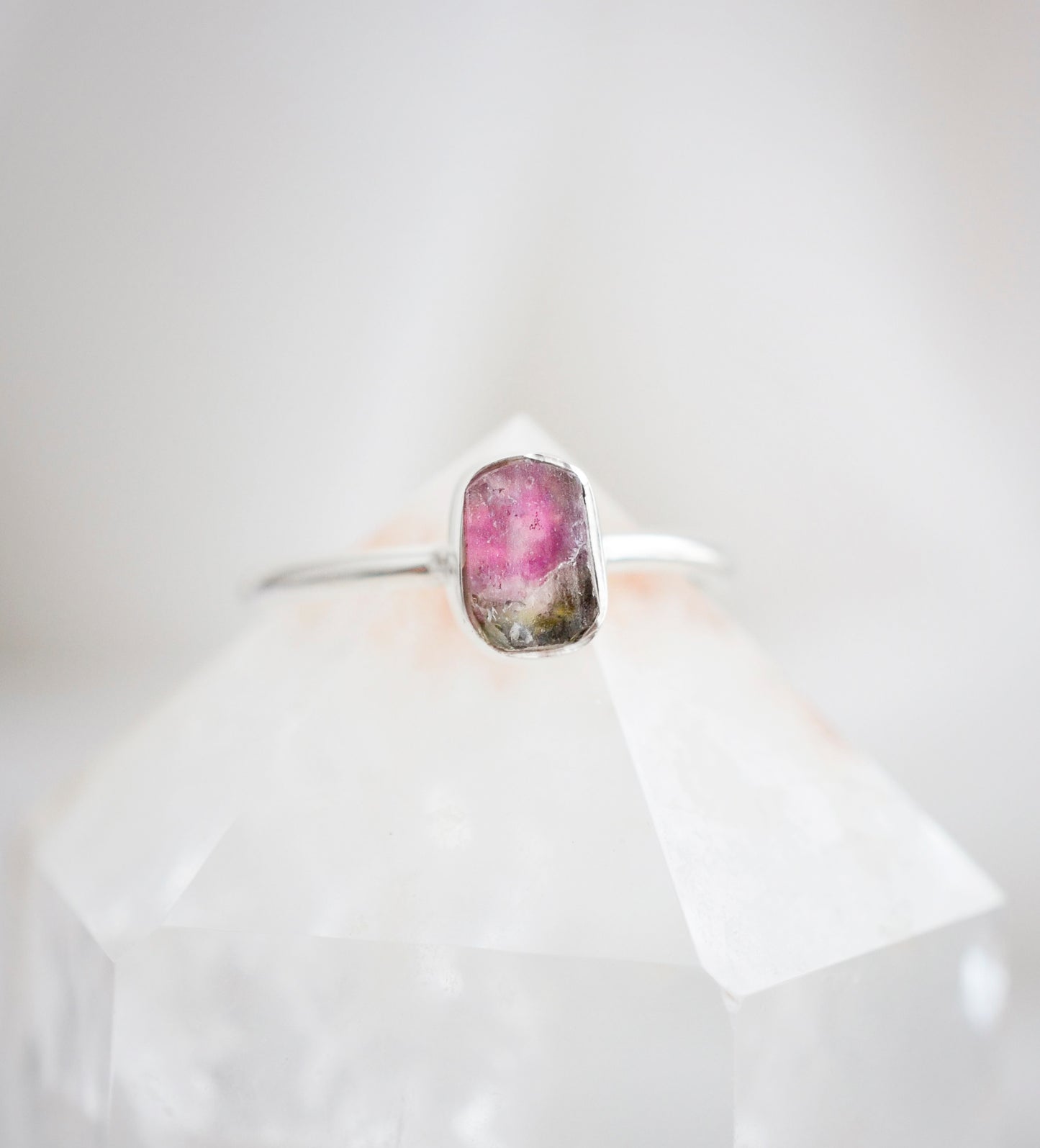 Raw Watermelon Tourmaline Ring in Sterling Silver