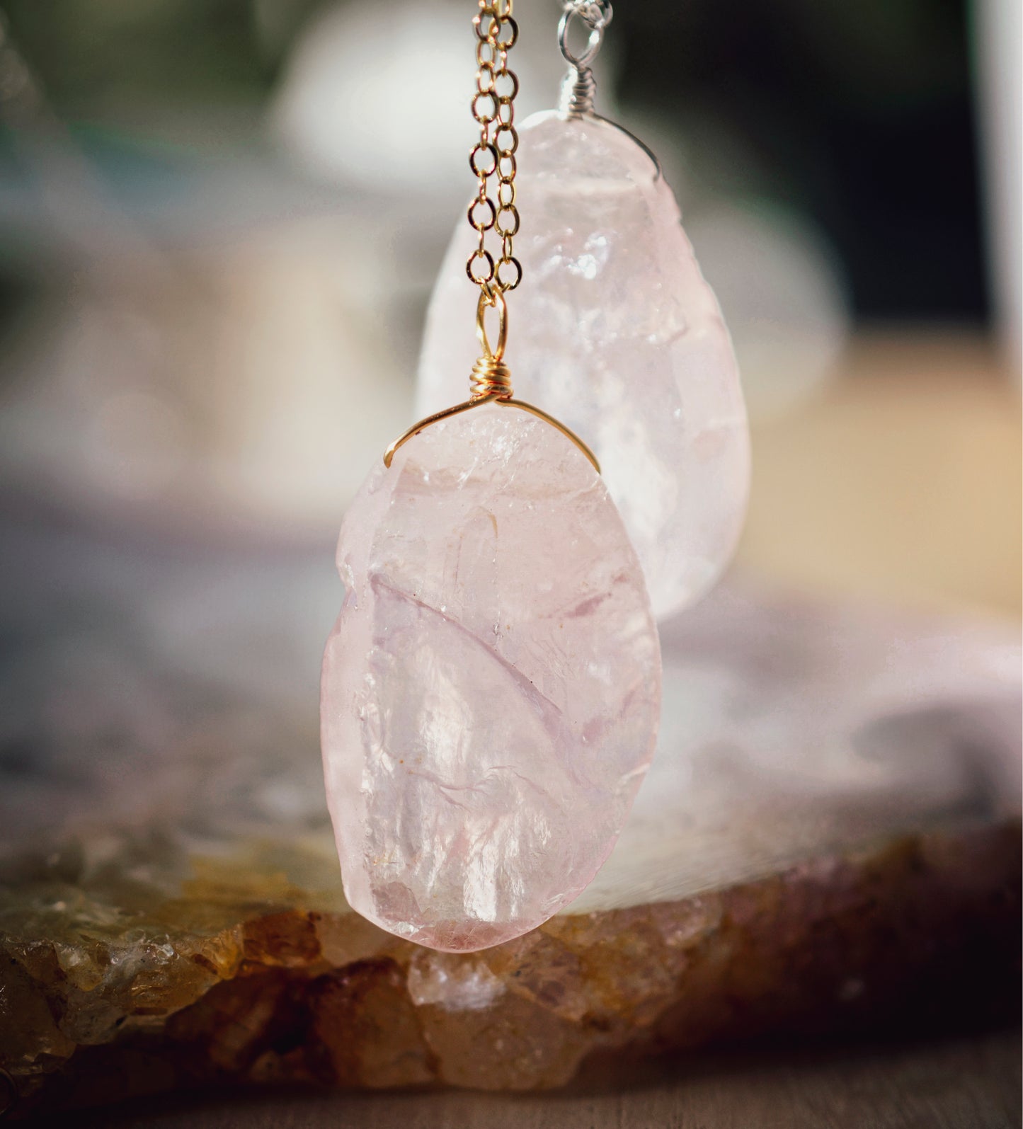 Raw Rose Quartz Crystal Necklace
