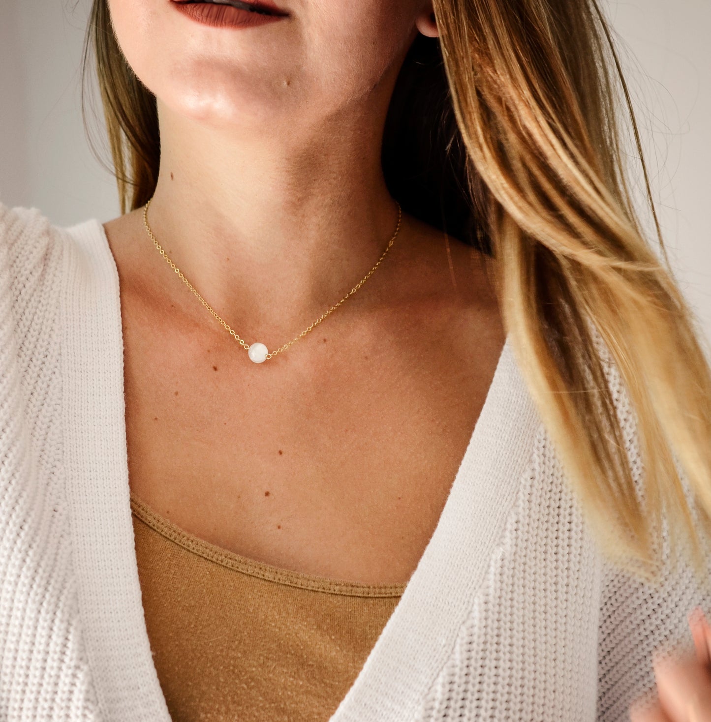 Natural Minimalist Selenite Round Necklace on Sterling Silver or Gold Filled Chain