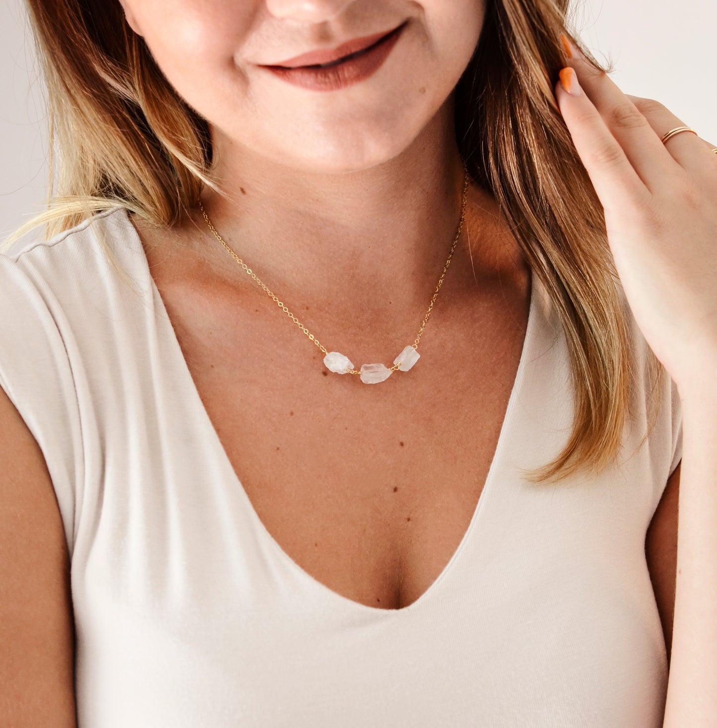 raw crystal quartz necklace, triple stone rock crystal jewelry, chain, silver, gold