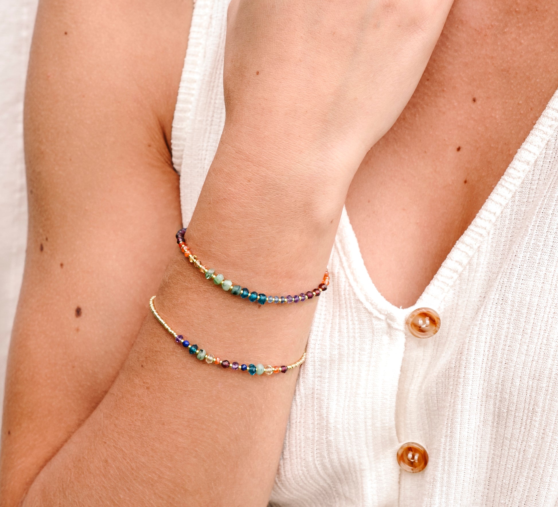 Real Gemstone Chakra or Rainbow Pride Bracelet. Handmade with garnet, carnelian, CZ, emerald, topaz, lapis lazuli, and amethyst in gold or silver. 