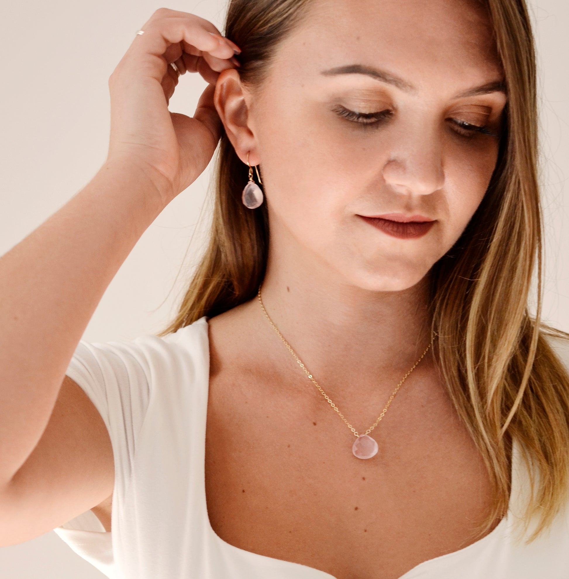 Handmade natural Rose Quartz pendant in 14k gold filled or sterling silver. Pink Rose Quartz Jewelry