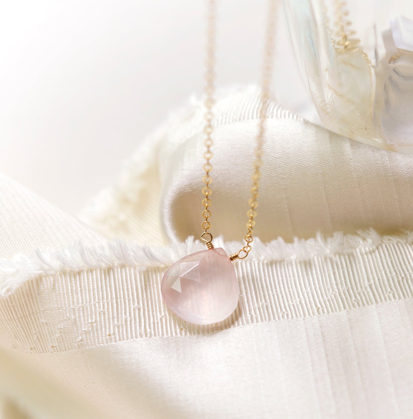 Handmade natural Rose Quartz pendant in 14k gold filled or sterling silver. Pink Rose Quartz Jewelry